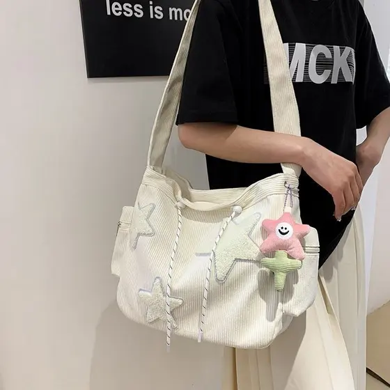Star Student Corduroy Tote Grande Ombro Feminino Crossbody