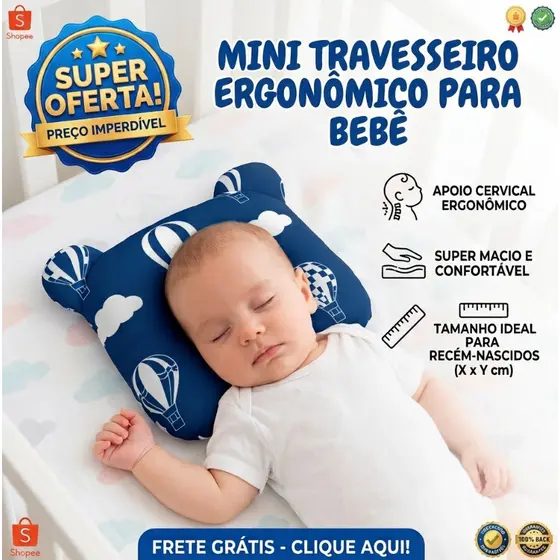 Travesseiro Almofada Anatômico Modelador Bebê Tecido Estampado 100% Algodão