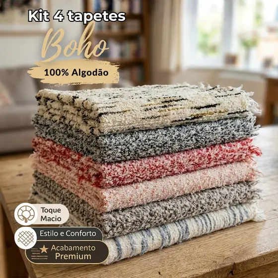 Kit 4 Tapete Boho 60x40 Algodão Cru Quarto Cozinha Banheiro Sortidos