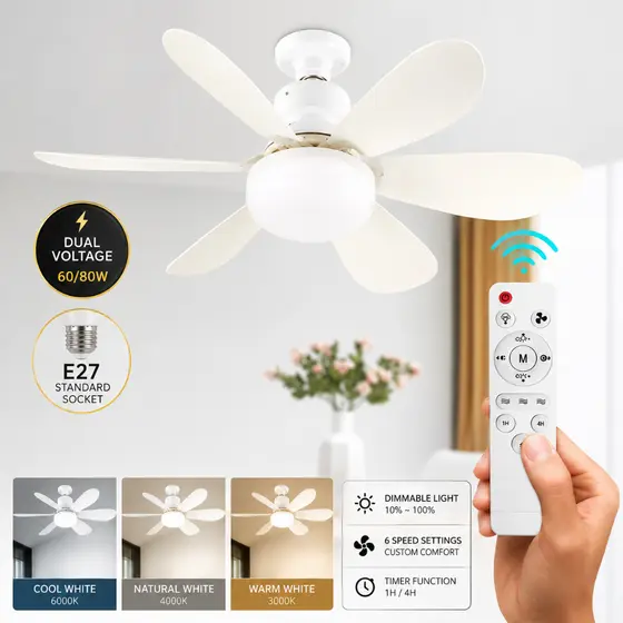 Ventilador De Teto Luz LED 60W 80W Com 6 Hélices 3 Tipos De Luz Bivolt Com Controle Remoto.