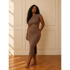 Conjunto Feminino Saia Midi e Cropped Conjunto Canelado Caneladinho Com Fenda