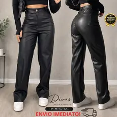 Calça Feminina Couro Fake PU Wide Leg Pantalona Cintura Alta Preta Premium Elegante Moda Gringa