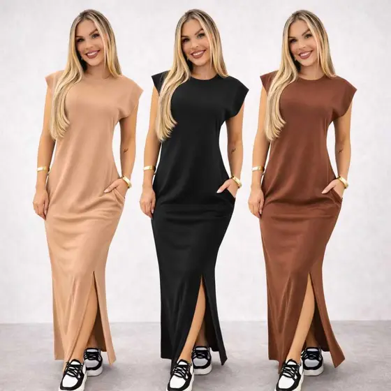 Vestido Feminino Longo Básico Casual Canelado Ombreira Fenda Lateral Plus Size Alta Tendencia
