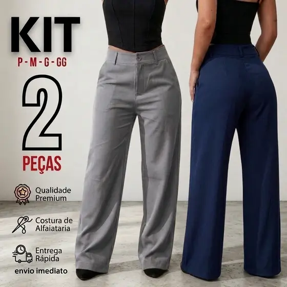 Kit 2 Calça Pantalona Feminina Alfaiataria Cintura Alta Com Bolso Wide Leg Elegante Social