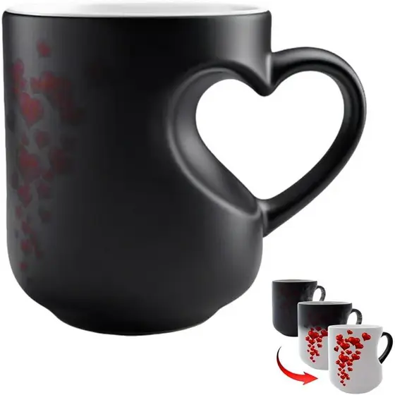 Caneca de Cerâmica Mágica em Forma de Coração que Muda de Cor, Engraçada, com Alça que Revela um Design Surpresa Quando