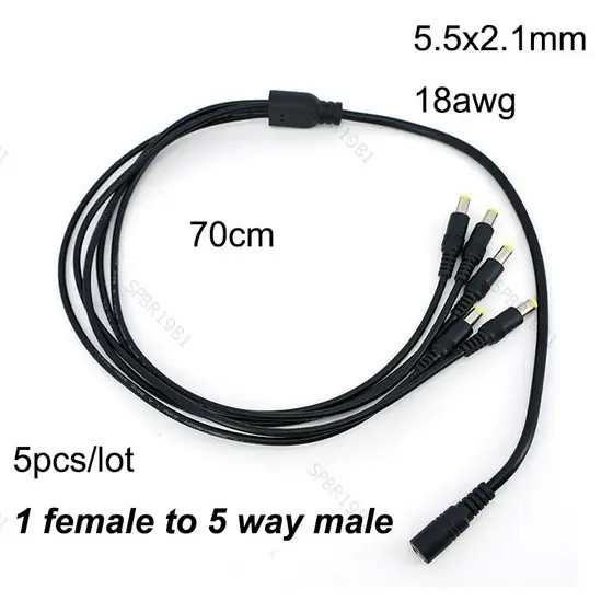5 Pçs 70cm De Comprimento 1 Fêmea Para 5 Vias Divisor Macho Estender Cabo 5.5 * 2.1mm 18awg Ramo 22awg 12V DC Adaptador 