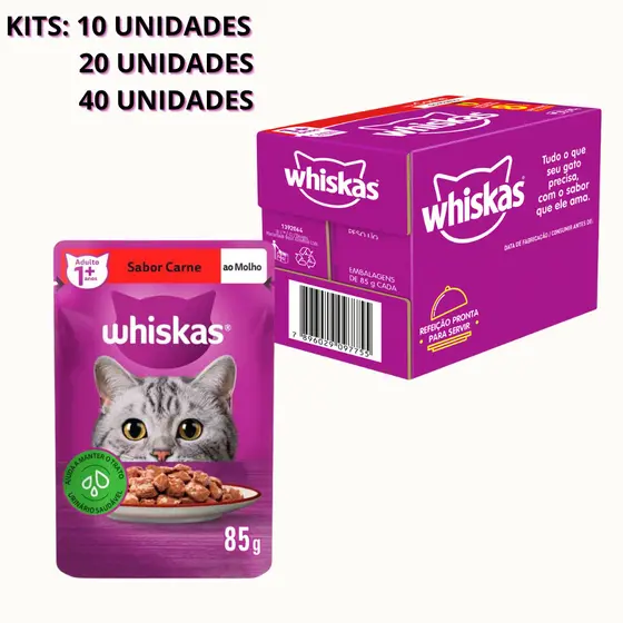 KIT 10 / 20 UNIDADES Sache Whiskas Sabor CARNE / FRANGO 85gr