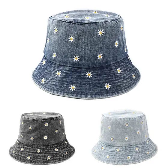 Chapéu de Pescador em Denim com Bordado de Pequenos Crisântemos, Estilo Vintage Lavado, Chapéu Feminino Versátil com Pro