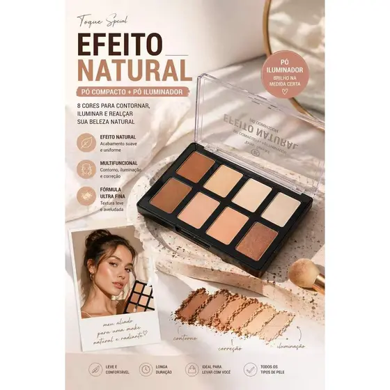 Kit Paleta 9 Cores Toque Special: Pó e Iluminador | Pele de Filtro, Longa Duração e Brilho Natural