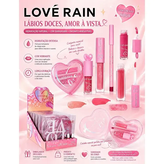 Kit Labial Completo LOVÉ RAIN Gloss, Lápis e Lip Tint Longa Duração