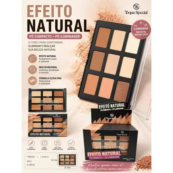 Paleta Facial 9 Cores Contorno, Pó Compacto e Iluminador Natural