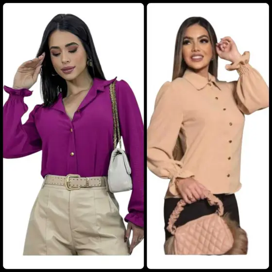 Camisa Social Feminina Duna Lisa Manga Longa com Botões e Punho Lastex Elegante Tamanhos P M G GG
