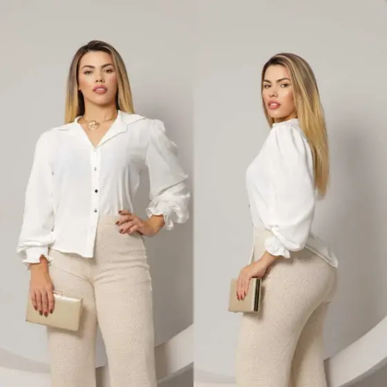 Camisa Social Feminina Elegante Manga Longa com Botões e Punho Lastex em Tecido Duna – Moda Executiva e Casual