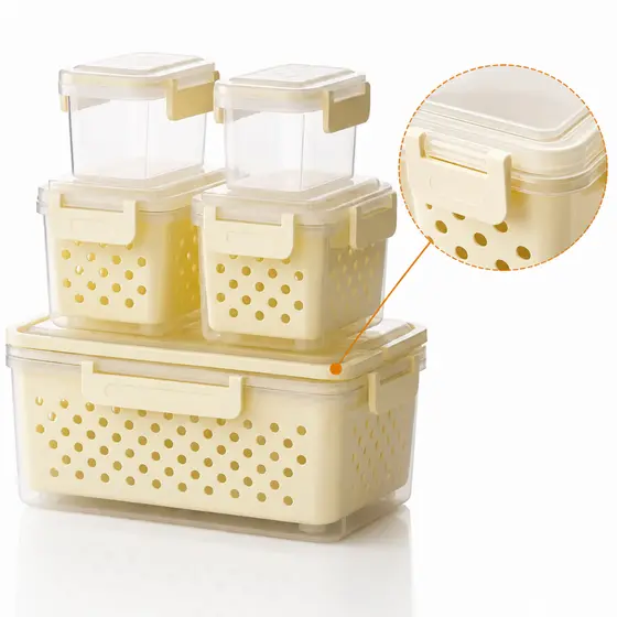 Kit 5 Organizadores de Geladeira Herméticos Caixa Organizadora com Drenagem BPA Free Tampa Vedação