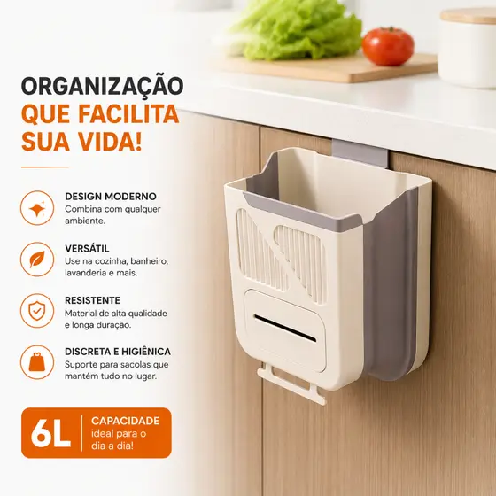 Lixeira Retrátil Dobrável Porta Armário Cozinha 6L Suspensa Extensível Porta Gaveta Economiza Espaço