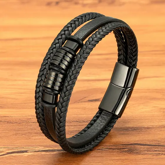 Alta Qualidade Pulseira Multi Camadas Trançada Corda De Couro De Aço Inoxidável Masculino Pulseira Para Ano Novo Joalher