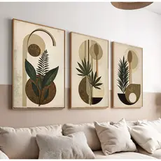 Quadros Decorativos Folhagem Abstrato Clean Bege Com Moldura trio com moldura alto padrão sala quarto