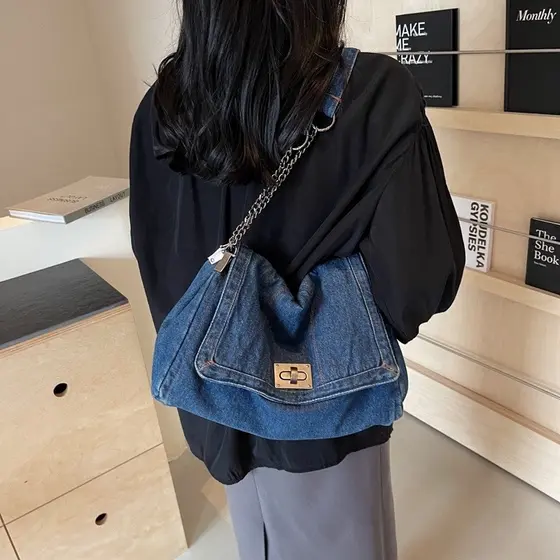 Bolsa Grande de Denim Feminina com Corrente, Casual e Elegante, para Uso Diário e Trabalho YDM4