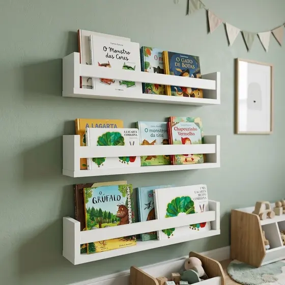 Kit 3 Prateleiras De Parede MDF Branco 50cm Porta Livros Infantil Organizador Quarto Montessori