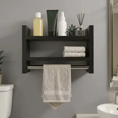 Nicho Banheiro Porta Toalha 30cm Prateleira Organizadora Tubo Metal | Preto Branco Amadeirado