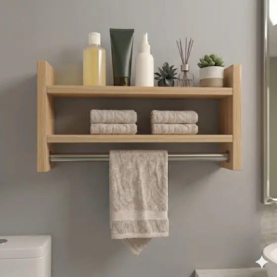 Nicho Prateleira Suspensa Banheiro Com Varão Porta Toalha MDF Organizador Duplo Já Montado 40cm