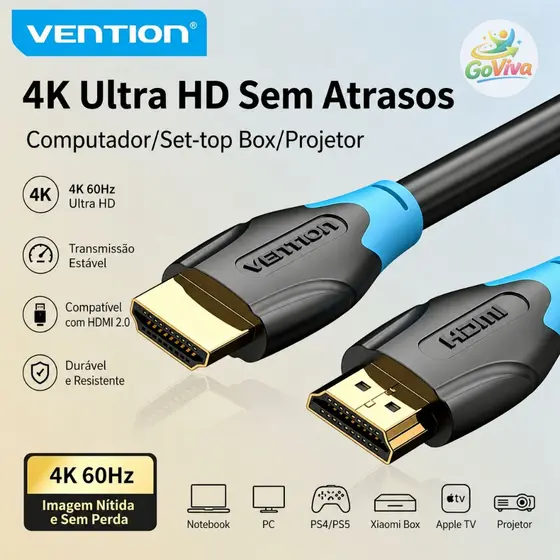 Cabo HDMI Vention 2.0 4K Ultra HD – Compatível com PS4 Xiaomi Box Apple TV, Alta Velocidade