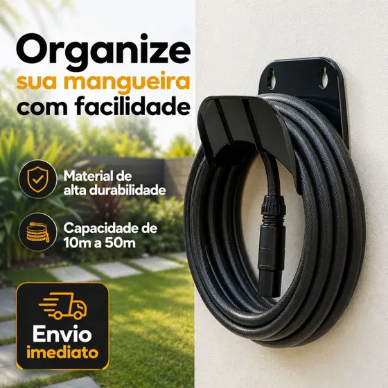 Suporte Mangueira Preto Parede 10 a 50m Plástico Reforçado Alta Durabilidade Resistente Jardim