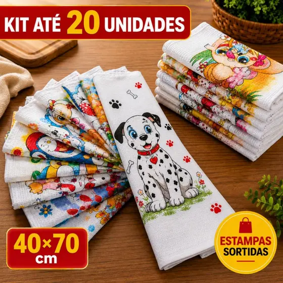 Kit até 20 Panos de Prato 100% Algodão Grande 40x70 Estampados Alta Absorção para Cozinha Premium