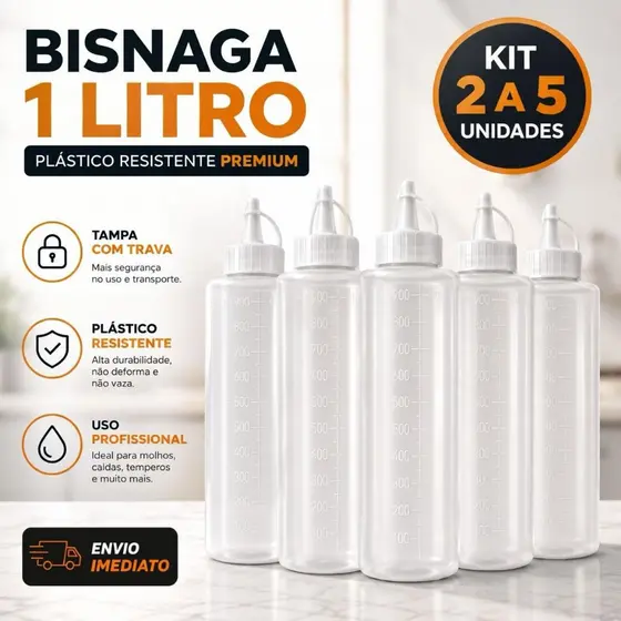 Kit 2 até 5 Bisnaga Squeeze Profissional Premium 1 Litro Resistente Molhos Confeitaria Lanchonete