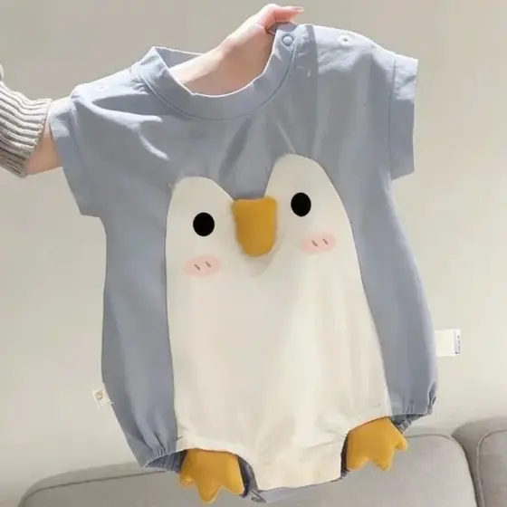 Macacão de bebê verão fino de manga curta masculino feminino bebê bonito pinguim macacão Casual bebê macacão