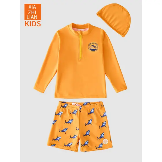 Maiô infantil coreano dividido meninos Shorts de manga comprida laranja tubarão protetor solar praia surf terno S