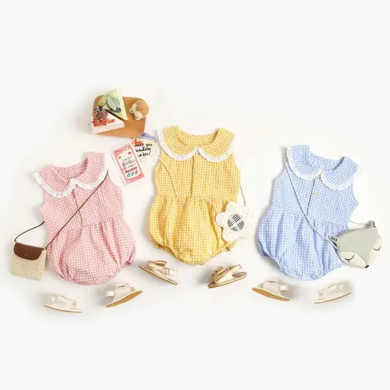 Macacão de bebê xadrez menina roupas de bebê roupas de bebê recém-nascido macacão versão coreana verão macacão