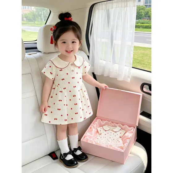 Feminino bebê verão cereja vestido de manga curta bebê criança lapela puro algodão vestido de verão menina moda ocidenta