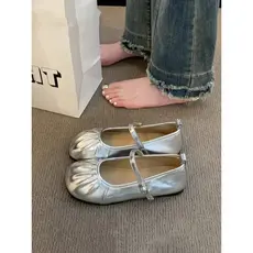 Francês prata noite Mary Jane sapatos femininos 2026 primavera verão novo estilo plana sola macia sapatos de maternidade
