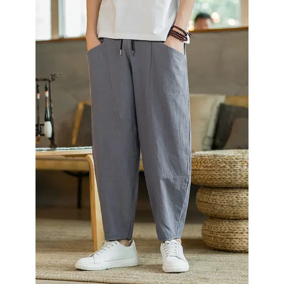 Estilo chinês algodão linho calças masculinas verão fino Retro Harem calças soltas calças de perna larga calças casuais