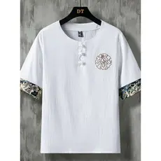 Algodão linho verão camiseta masculina bordado solto tamanho grande Tang terno meia manga linho masculino de manga curta