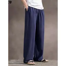 Estilo solto linho calças casuais masculinas verão estilo fino chão-esfregando em linha reta perna larga algodão chinês
