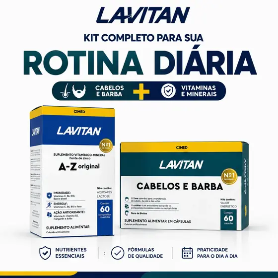 Kit Suplemento Lavitan Cabelo e Barba + A-Z Original 60 Cápsulas Cada Nutrição Completa Praticidade
