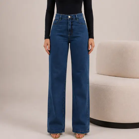 calça wide leg jeans feminina varias cores 100% algodão