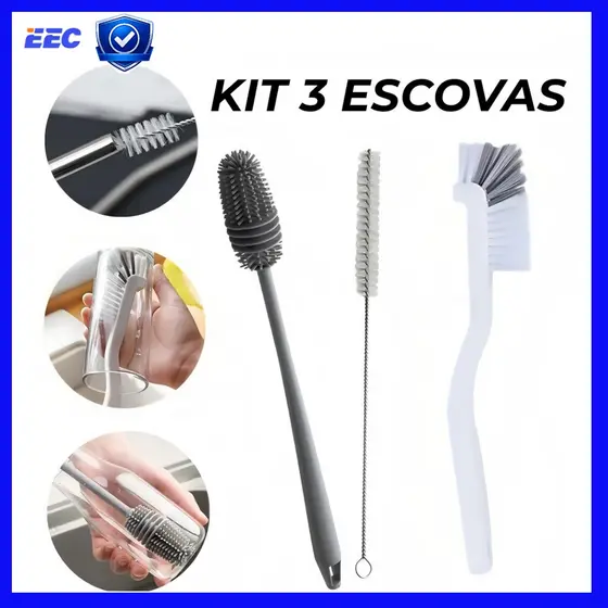 Kit Com 3 Peças Escova para Limpeza Silicone para Garrafa, Mamadeira, Copo Taça para Lavar Áreas Difíceis