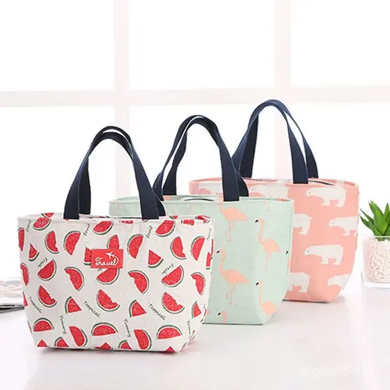 Bolsa artística de lona de algodão para almoço, bolsa térmica, bolsa de armazenamento feminina, bolsa portátil para piqu