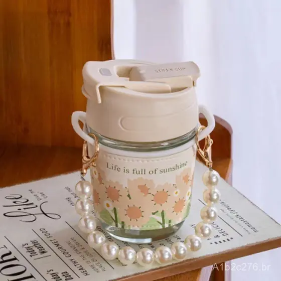Copo de vidro com design de pérola, copo de vidro para uso doméstico, copo portátil com canudo, copo de café, copo isola