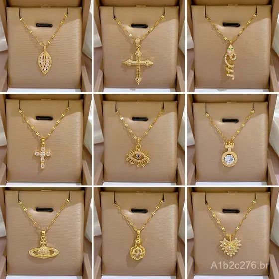 Colar Feminino de Aço Titânio com Microincrustações de Diamantes, Luxo Leve e Elegante, Banhado a Ouro Real, Requintado,