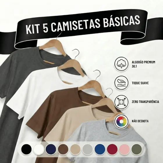 Camiseta Masculina Algodão Kit 5 Camisetas Neutras Masculinas Slim Básicas Gola Redonda Tribo