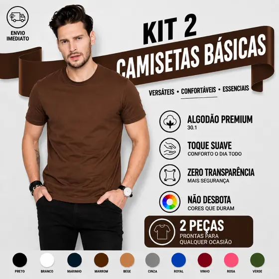 Camiseta Masculina Algodão Kit 2 Camisas Marrom + Preta Masculinas Slim Básicas Gola Redonda Tribo