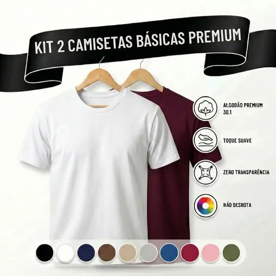 Camiseta Masculina Algodão Kit 2 Camisas Branco + Vinho Slim Básicas Gola Redonda Tribo