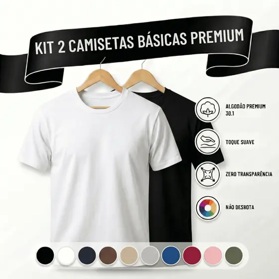 Kit 2 Camisetas Masculinas 100% Algodão Básicas Lisas Confortáveis Dia a Dia Tribo