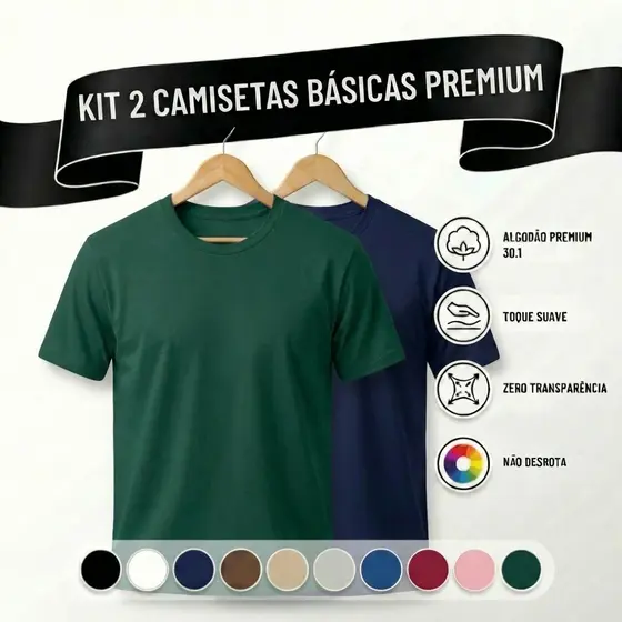 Camiseta Masculina Algodão Kit 2 Camisas Verde Esc + Azul Esc Masculinas Slim Básicas Gola Redonda
