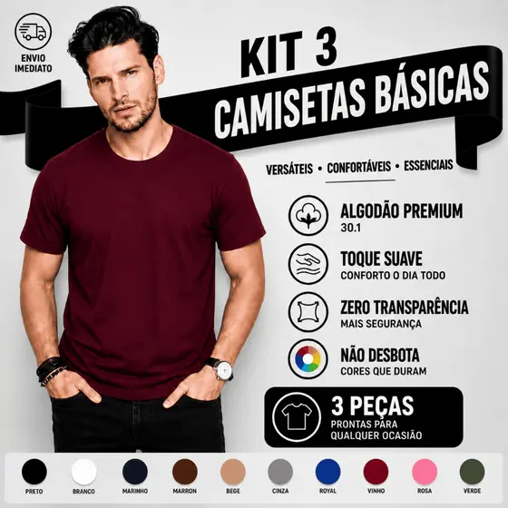 Kit 3 Camisetas Vinho Marrom Preta Masculinas Algodão Básica Lisa Camiseta Casual Premium Tribo