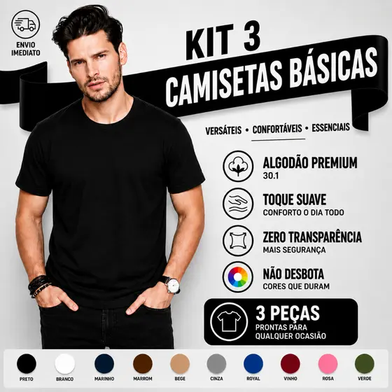 Camiseta Masculina Kit 3 Peças Pretas Algodão Básica Lisa Slim Gola Redonda